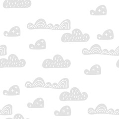 Children cute doodle gray clouds seamless pattern in scandinavian style. baby Vector hand drawn kids wallpapers, holiday