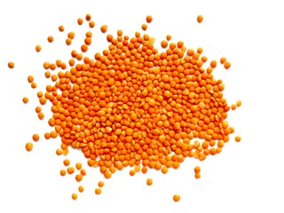 Red lentils isolated on white background.  A source of protein in vegetarian diets.