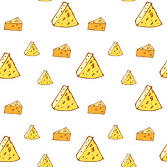 Pieces of cheese of different sizes with large holes. Vector illustration. Seamless pattern.