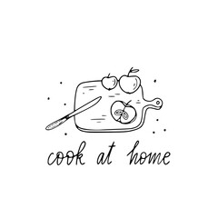 Vector hand drawn doodle illustration cutting board with apples and knife, hand lettering cook at home. Sustainable living doodle.