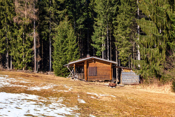 Jagdhütte im Frühling bei Sonnenschein im Thüringer Wald - 420753791