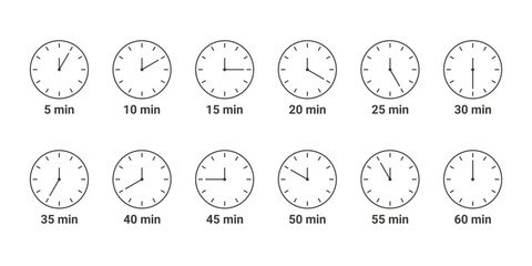 Kitchen timer icon. Cook time minutes. Meal preparation time icons. Cook time icons. Boiling time. Frying time icons. Vector illustration