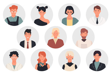 Fototapeta na wymiar People profile user avatars of different professions vector illustration set. Cartoon man woman professional worker portraits collection, male and female faces circle avatars isolated on white