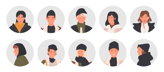 People profile avatars, round userpic vector illustration set. Cartoon young man woman user head, male and female face simple portraits for social media, characters in casual clothes isolated on white