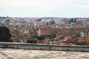 Fototapeta premium Rome panorama, Lazio, Italy, beautiful panoramic vibrant summer wide view of Roma and Vatican, with cathedrals, cityscape and scenery beyond the city, seen from observation deck