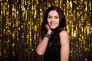 Photo of sweet cute young woman dressed black outfit arm chin isolated shine backdrop background © deagreez