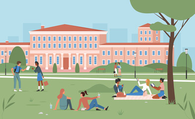Education scene vector illustration. Cartoon young happy student characters sitting on summer park green grass together, girl boy teens studying near university or college building facade background