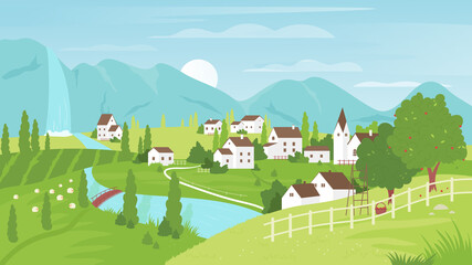 Rural mountain landscape and village vector illustration. Cartoon summer green farm land field with grazing sheep, apple garden, waterfall and river, road to farmer houses summertime background