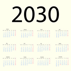 English calendar for 2030. Week starts from Monday. Isolated vector illustration on white background.