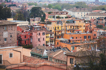 Rome panorama, Lazio, Italy, beautiful panoramic vibrant summer wide view of Roma and Vatican, with cathedrals, cityscape and scenery beyond the city, seen from observation deck