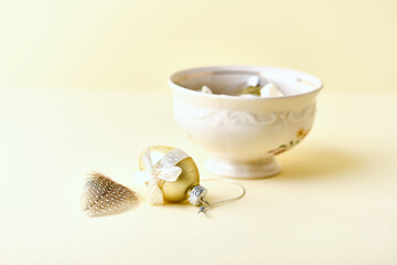 Easter Decoration on yellow background. Soft focus. Copy space.