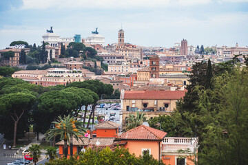 Obraz premium Rome panorama, Lazio, Italy, beautiful panoramic vibrant summer wide view of Roma and Vatican, with cathedrals, cityscape and scenery beyond the city, seen from observation deck