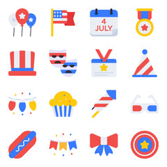 Obraz na płótnie Canvas Pack of 4th July Flat Icons