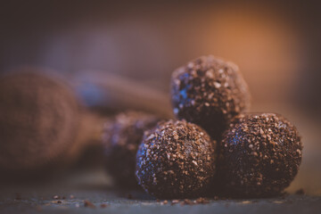 Close up image of chocolate truffles in a restaurant