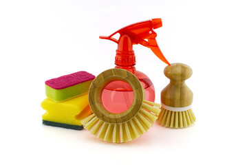 Cleaning supplies on white background