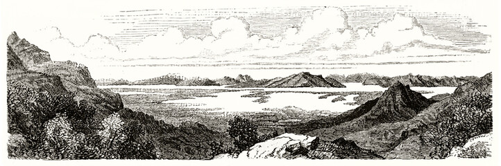 Great Salt Lake large overall horizontal view from a rocky shore, Utah. Ancient grey tone etching style art by Ferogio, Le Tour du Monde, 1862
