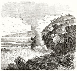 steam coming up from water of hot Springs in a rocky landscape in Utah. Ancient grey tone etching style art by Ferogio, Le Tour du Monde, 1862