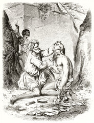 Indian barber shaving a partial naked customer outdoor in Reunion island. Ancient grey tone etching style art by De Berard, Le Tour du Monde, 1862