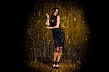 Full length portrait of stunning cheerful young person dancing performing isolated on stage light
