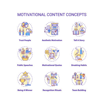 Motivational content concept icons set. Making people feel inspirational idea thin line RGB color illustrations. Achieving goals and willingness. Vector isolated outline drawings. Editable stroke