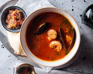 Top view on a bowl of seafood tomato soup served on the table