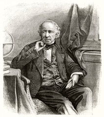 Edme Francois Jomard (1777-1862), French engineer, geographer and archaeologist, posing seated elegantly dressed. Ancient grey tone etching style art by Rousseau, Le Tour du Monde, 1862
