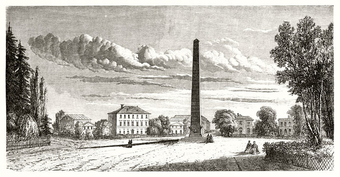 large semi desert square with obelisk in the center called Karolinenplatz in Munich, Germany. Ancient grey tone etching style art by Lancelot, Le Tour du Monde, 1862