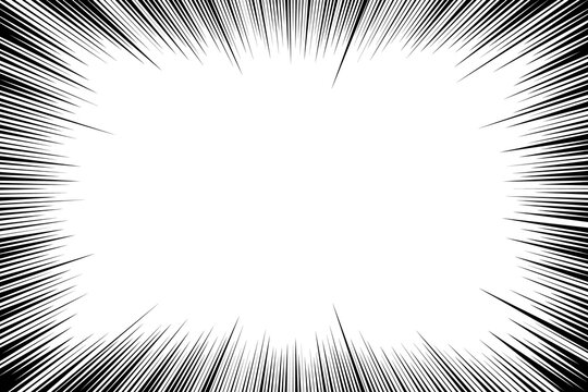 Cartoon line. Comic lines. Concentrated emphasis. Speed effect. Anime focus isolated on white background. Radial pattern. Accent attention. Action radiation. Bg material. Monochrome texture. Vector