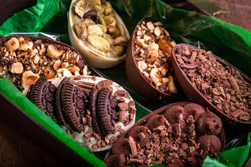 Package with six mini stuffed easter eggs on a wooden table.
