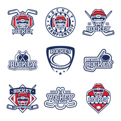 Naklejka premium Set of Hockey club emblem. Hockey badge logo, Hockey team game club elements, Vector Logo Illustration Fit to championship or team
