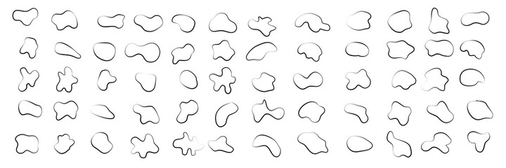 Vector outlines of liquid form elements isolated on white background. Dynamic black random shapes of spots, drops. Stain, blot, stone and drops.