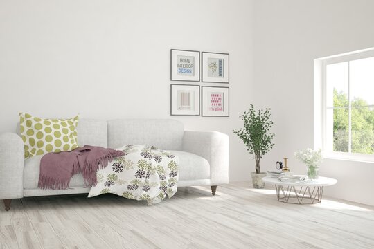 White living room with sofa. Scandinavian interior design. 3D illustration