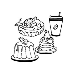 set of sweet dessert isolated on white background. fruit pie, jelly pudding, pancake with syrup topping, cup of coffee. hand drawn vector. doodle art for coloring, logo, wallpaper, poster, advertising