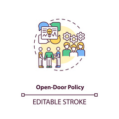 Open-door policy concept icon. Opportunity of choosing idea for projects idea thin line illustration. Speaker of conference. Vector isolated outline RGB color drawing. Editable stroke