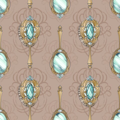 Seamless pattern on beige background made of hand drawn illustrations of jeweled mirror, crystal decorated hairbrush for textile design, identity, package, wrapping paper, decoration