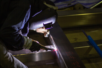 Metal workers use manual labor, Skilled welder, Factory workers making OT. Welder is welding the...