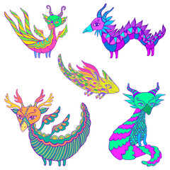Set of five colorful fantasy Dragons. Each dragon is unique, with its own colors and patterns, wings, horns and tails.