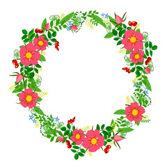 Beautiful spring floral wreath with rosehip.Flat lay.Copy space