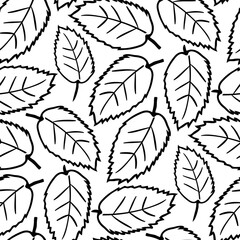 Elm leaf seamless vector pattern background. Hand drawn black line art single leaves on white backdrop. Dense botanical design. Multidirectional foliage repeat print for nature wellbeing concept