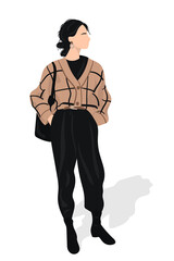 Faceless portrait of a glamourous fashionable woman holding shoulder bag, flat illustration isolated on white background