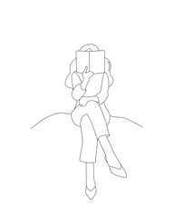 Sketch of a beautiful young woman wearing casual outfit and fashionable shoes sitting and reading a book covering her face, line art on white background