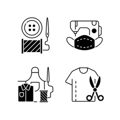 Clothing alteration black linear icons set. Button replacement. Mask sewing. Work wear fix. Resizing shirt. Outfit repair services. Glyph contour symbols. Vector isolated outline illustrations