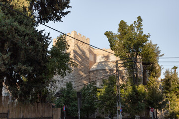 Evening view of a quiet residential Hovevei Tsiyon Street in the old district of Jerusalem Talbia -...