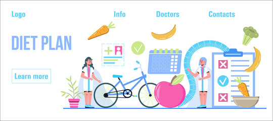 Diet plan concept vector. Nutrition diet, weight-management, individual dietary planning. Organic fruits, bike, sport activity for weight loss program