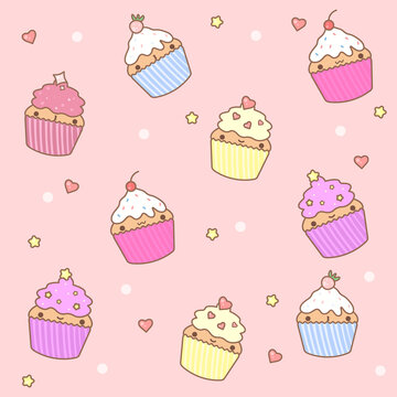 Cute pattern with sweet cupcakes on a pink background