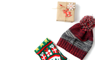 box wrapped in brown kraft paper and tied with rope, gift on white background, top view