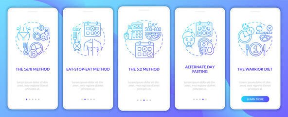 Intermittent fasting methods blue onboarding mobile app page screen with concepts. 16-8 or 5-2 method. Diet walkthrough 5 steps graphic instructions. UI vector template with RGB color illustrations