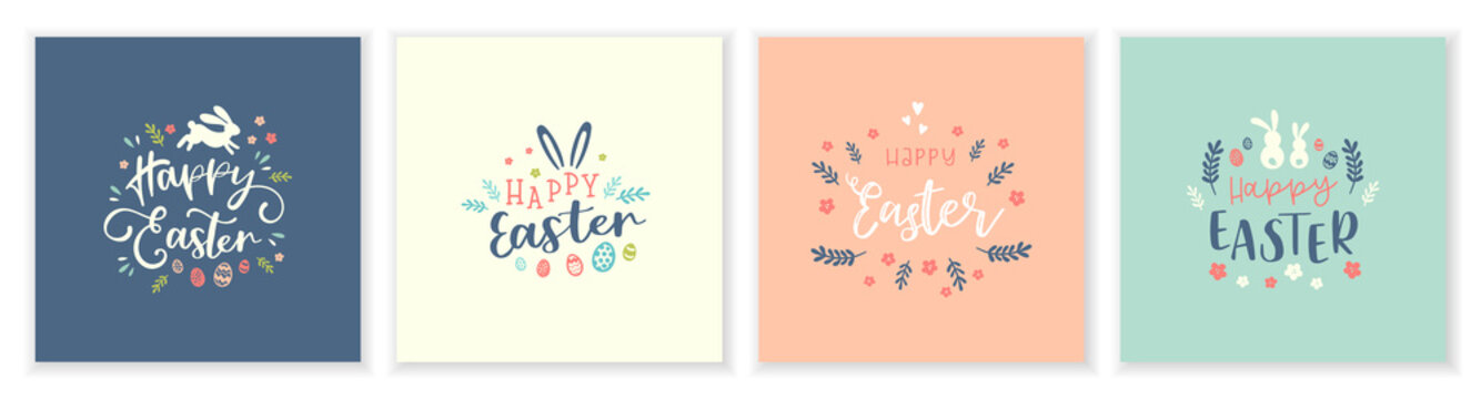 Cute Easter design, creative typography and lovely decoration, hand drawn Easter eggs, doodle flowers and decoration - great for banners, cards, wallpaper, invitations - vector design