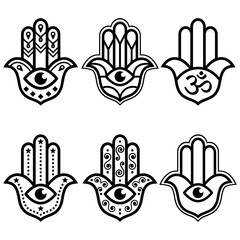 Hamsa hand with evil eye simple minimalist geometric design set - symbol of protection, spirituality
 - obrazy, fototapety, plakaty