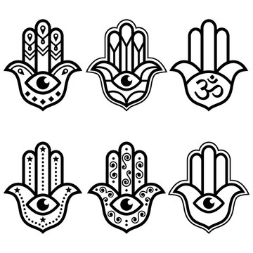 Hamsa hand with evil eye simple minimalist geometric design set - symbol of protection, spirituality
